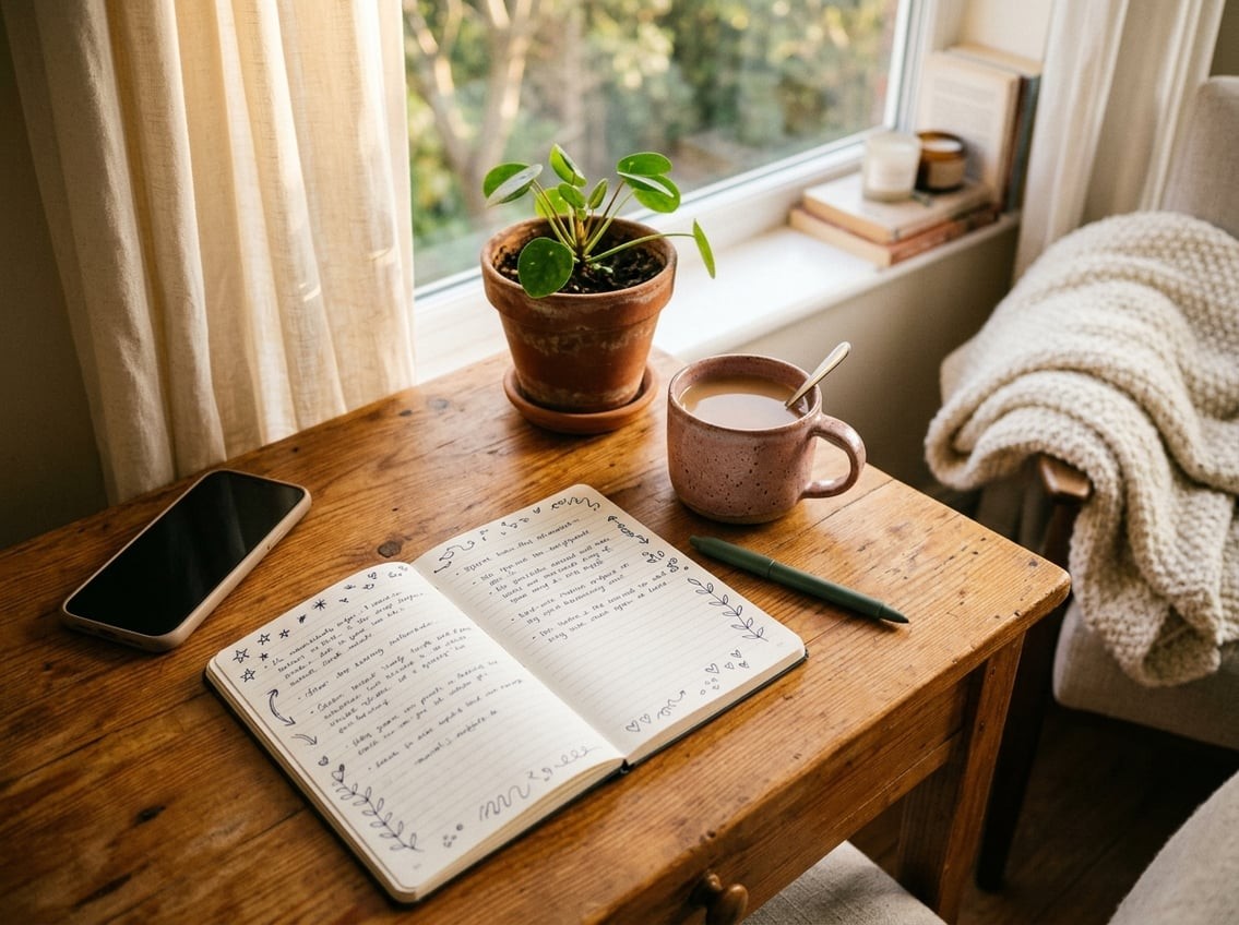 A warm, cosy photograph of a small home writing desk in soft afternoon light, a mug of tea, an open notebook with hand-drawn margin doodles, a phone resting to the side, in the visual style of a friendly personal blog