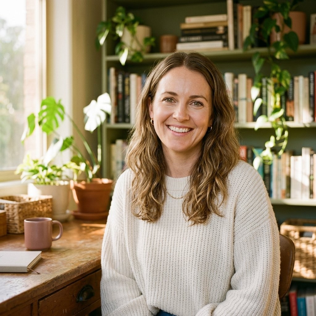 A warm friendly portrait of Jenna Whitlock, a fictional Australian personal-finance blogger, in a soft cream jumper in a warmly lit home office