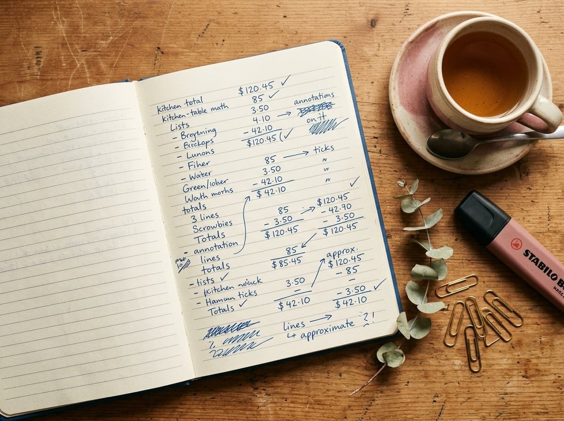 A cosy overhead photograph of an open notebook with handwritten notes about money and household budgeting in a warm afternoon light, with a small tea cup and a rose-tinted highlighter nearby, styled like a personal blog illustration