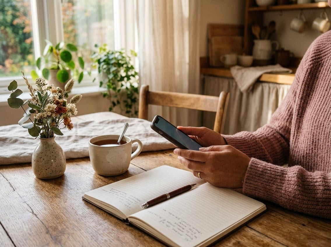 A warm home photograph of a person's hands holding a phone with a slightly worried expression visible on the corner of a face, on a cosy kitchen table with a notepad and a mug of tea nearby, in the visual style of a personal blog illustration