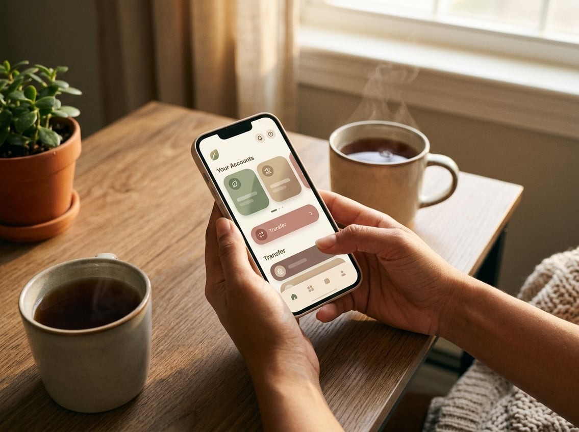 A warm home photograph of hands using a mobile phone showing a friendly generic banking-style app interface, on a soft wooden desk with a mug of tea nearby, natural afternoon light, styled as a personal blog illustration