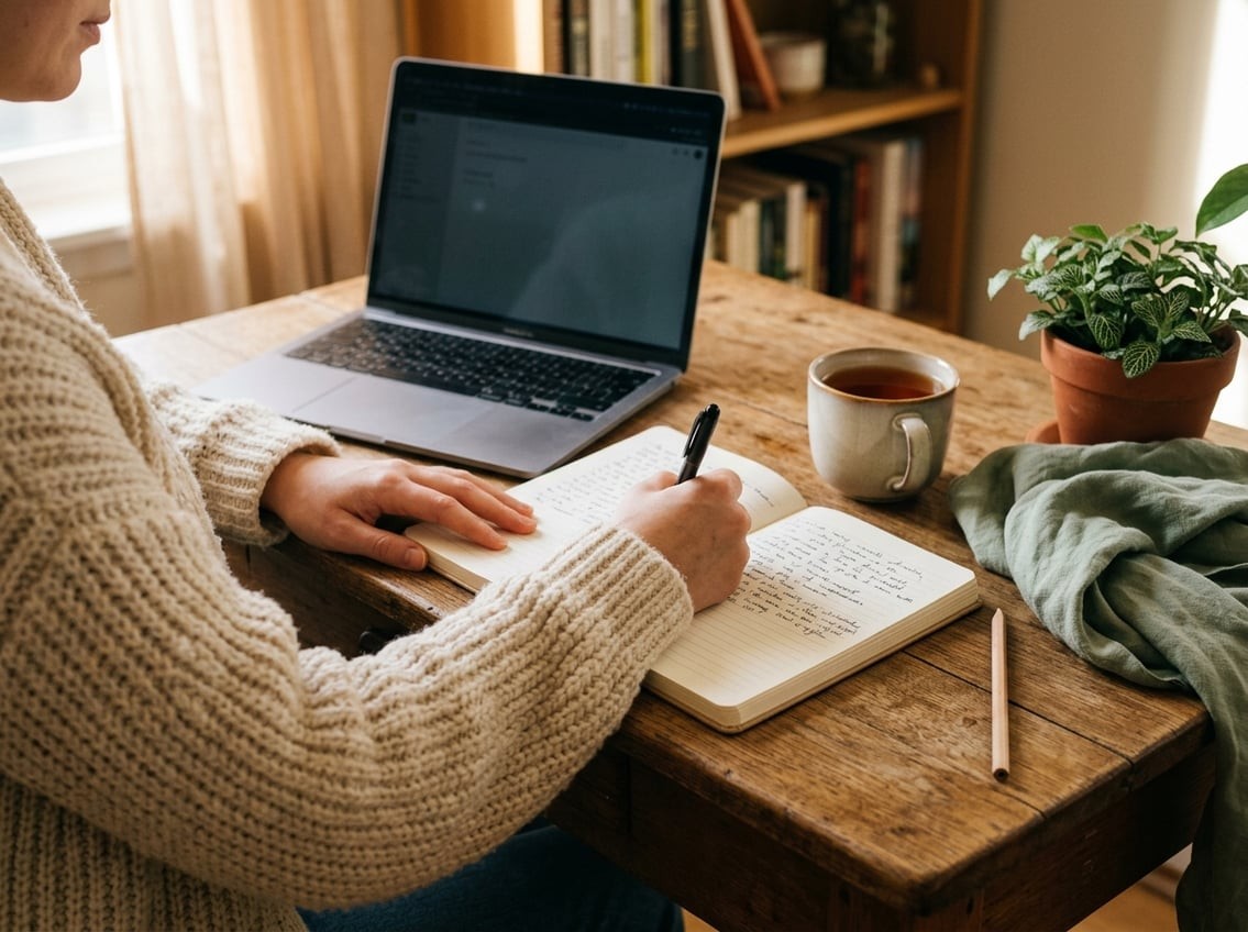 A warm cosy home photograph of a person taking notes in a lined notebook next to a laptop and a mug of tea in soft window light, styled as a personal blog illustration